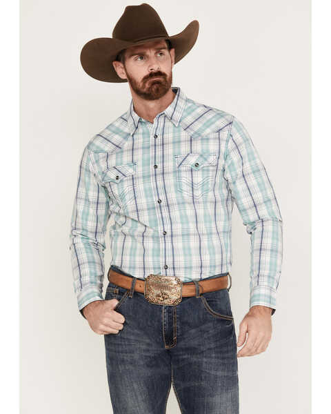 Image #1 - Cody James Men's Ely Plaid Print Long Sleeve Western Snap Shirt, Navy, hi-res