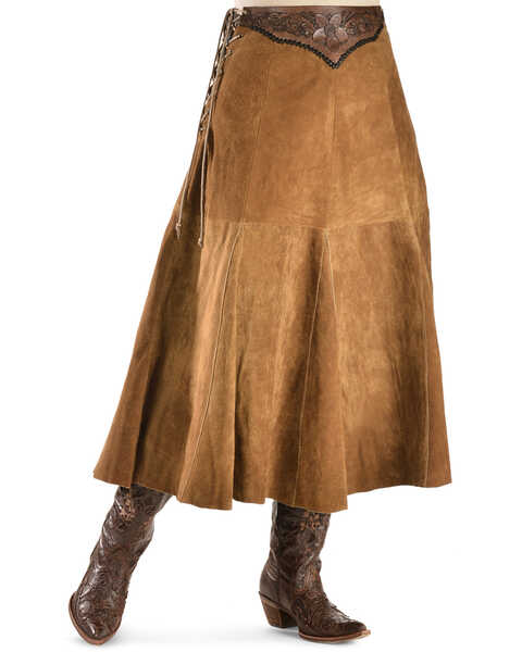 Image #1 - Kobler Leather Women's Choctaw Tooled Leather Lace-Up Suede Skirt, Cognac, hi-res
