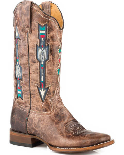 Roper Women's Arrow Inlay Western Boots - Broad Square Toe, Brown, hi-res