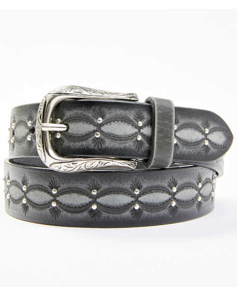 Shyanne Women's Embossed & Studded Leather Belt, Black/grey, hi-res