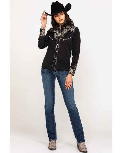 Image #6 - Scully Women's Scroll Embroidered Long Sleeve Pearl Snap Western Shirt, Black/tan, hi-res