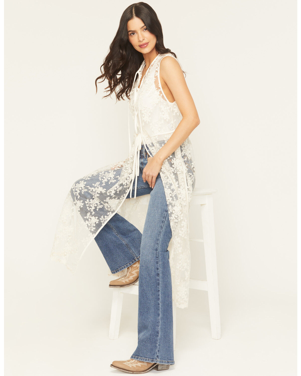 Image #1 - Listicle Women's Sleeveless Floral Lace Tie Front Kimono, Ivory, hi-res