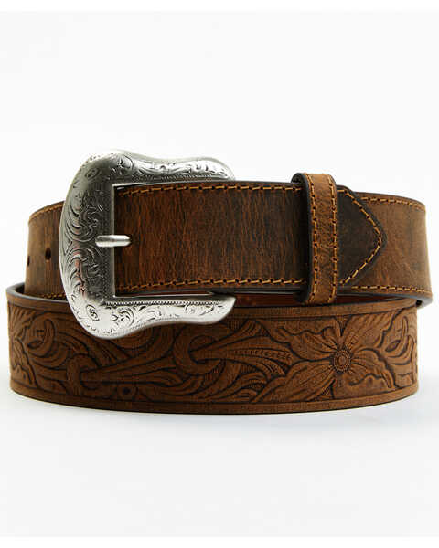 Image #1 - Cody James Men's Brown Floral Embossed Leather Belt, Brown, hi-res