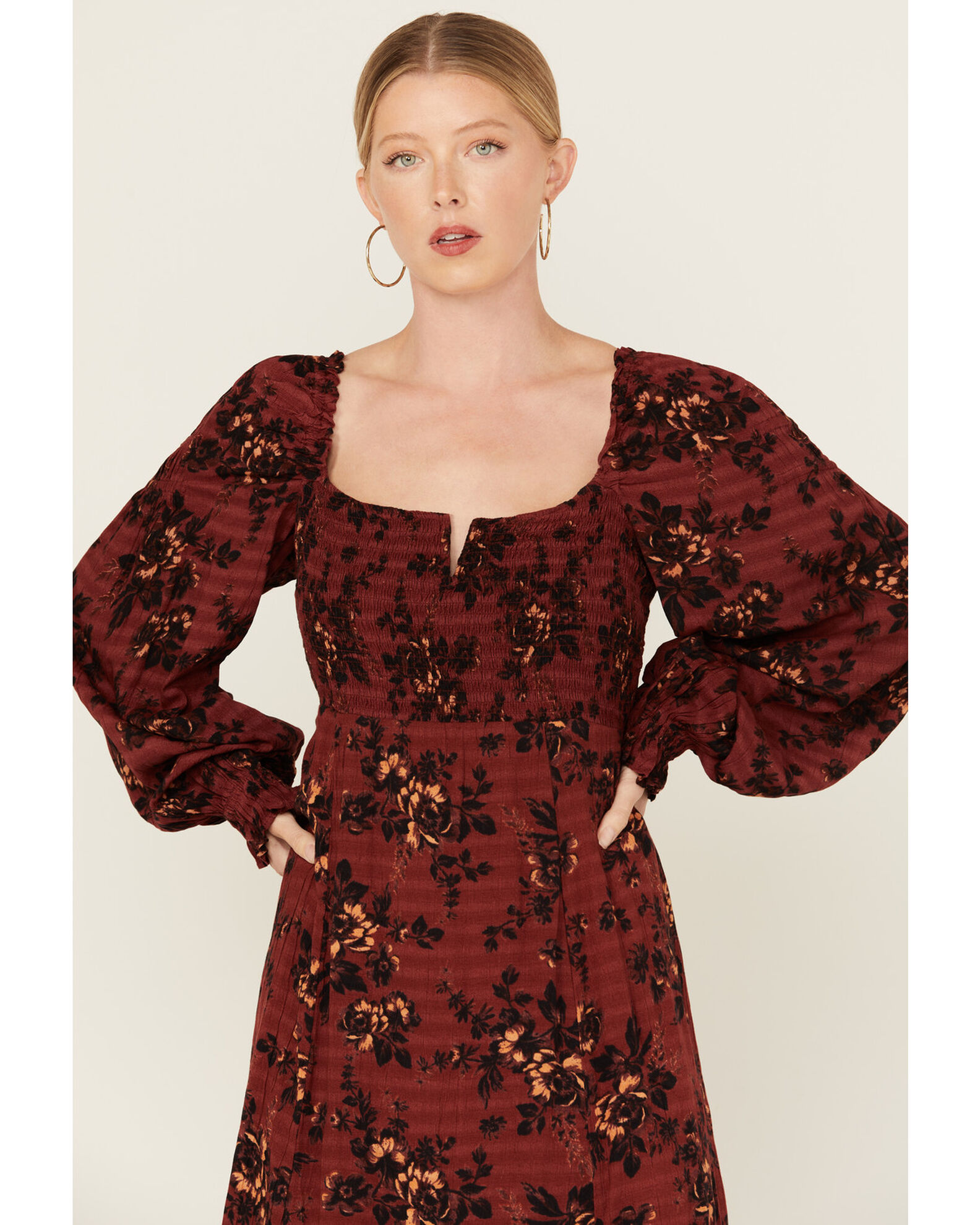 Free People Women s Jaymes Floral Print Midi Long Sleeve Dress Sheplers