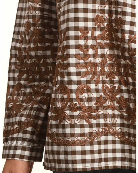 Image #3 - Young Essence Women's Off The Shoulder Embroidered Gingham Top, Brown, hi-res
