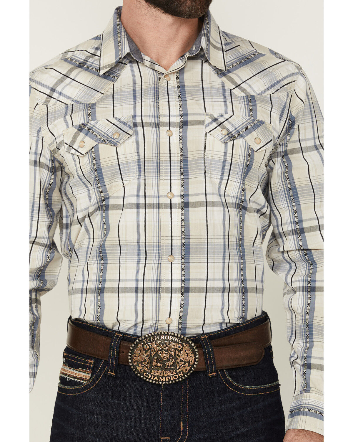 Image #3 - Cody James Men's Western Wind Plaid Print Long Sleeve Snap Western Shirt, Cream, hi-res