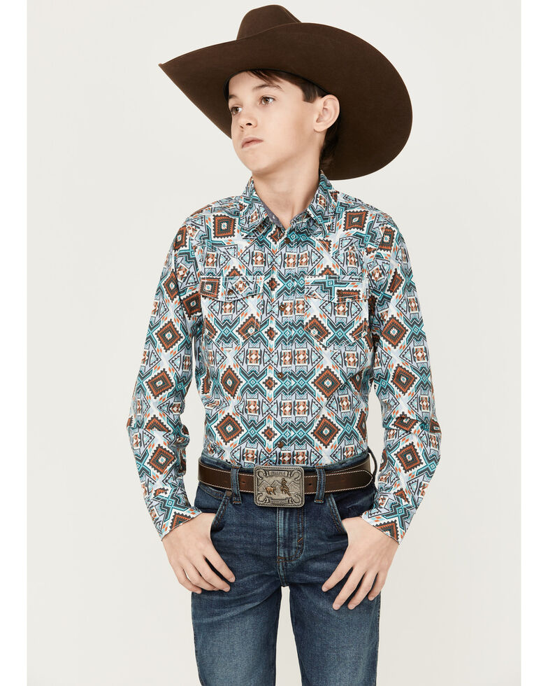 Cody James Boys' Southwestern Great Plains Print Long Sleeve Shirt, Turquoise, hi-res