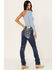 Image #1 - Miss Me Women's Dark Wash Mid Rise Embroidered Rhinestone Distressed Straight Jeans, , hi-res