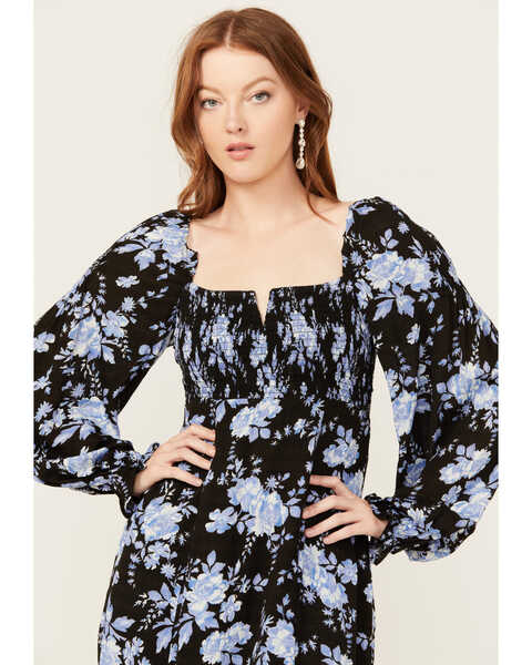 Image #2 - Free People Women's Jaymes Floral Print Midi Long Sleeve Dress, Black, hi-res