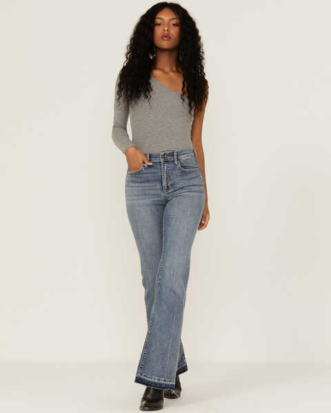 Image #1 - Sneak Peek Women's Vintage High Rise Release Hem Flare Jeans, Blue, hi-res