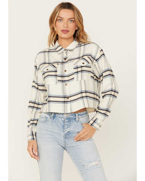 Image #1 - Cleo + Wolf Women's Cropped Plaid Print Flannel Shirt , Cream, hi-res