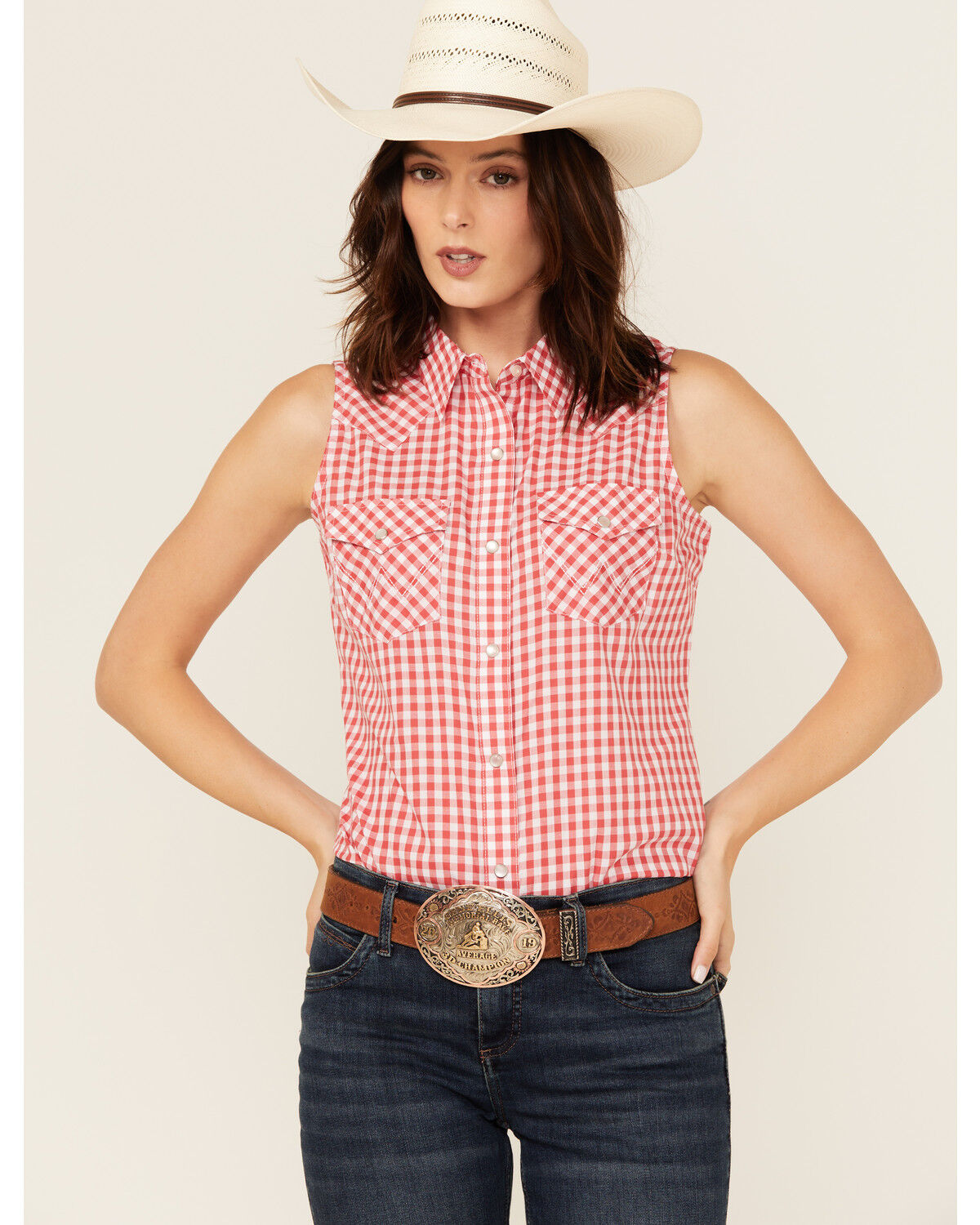 Image #1 - Wrangler Retro Women's Gingham Print Sleeveless Pearl Snap Western Shirt, Red, hi-res