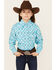 Image #1 - Cowgirl Hardware Girls' Diamond Print Long Sleeve Snap Western Shirt , Turquoise, hi-res
