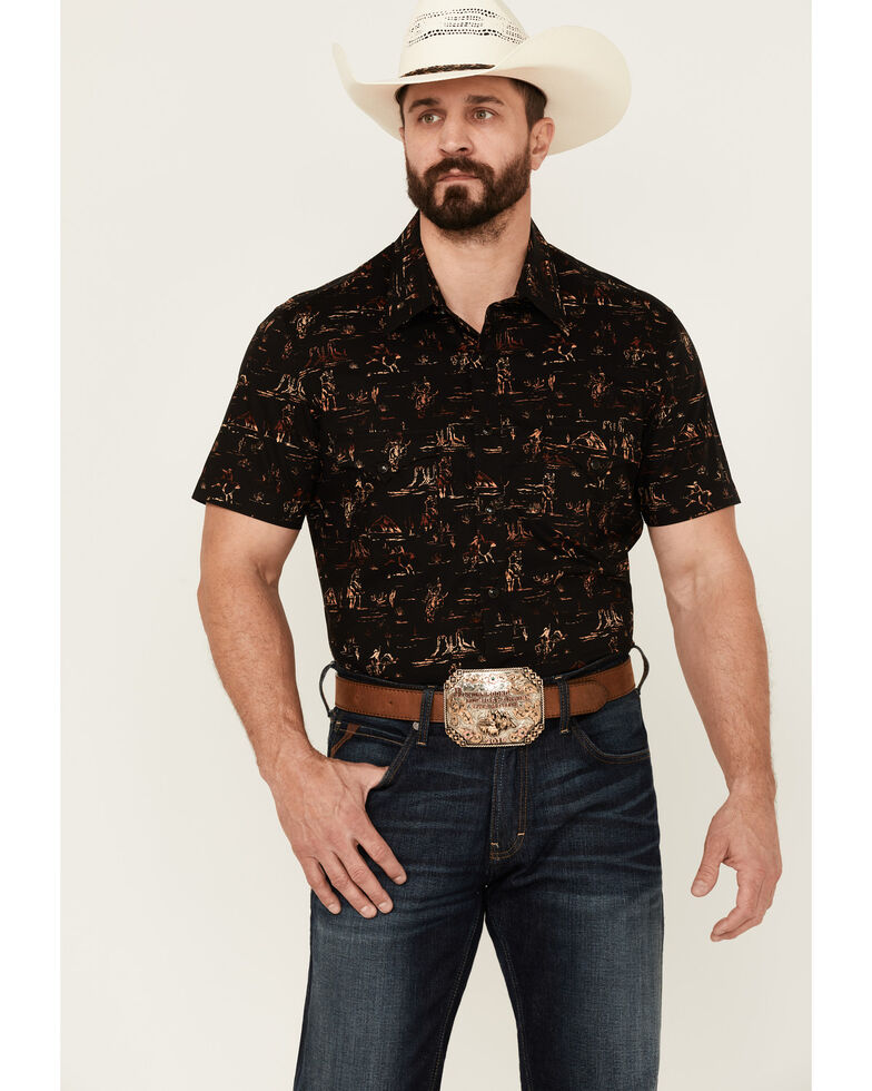 Rock & Roll Denim Men's Black Desert Print Short Sleeve Snap Western Shirt , Black, hi-res