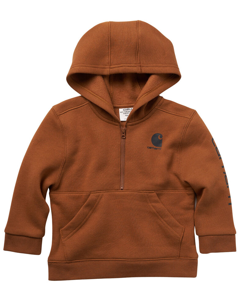 Carhartt Infant Boys' Brown Sleeve Logo 1/2 Zip Hooded Fleece Pullover , Brown, hi-res