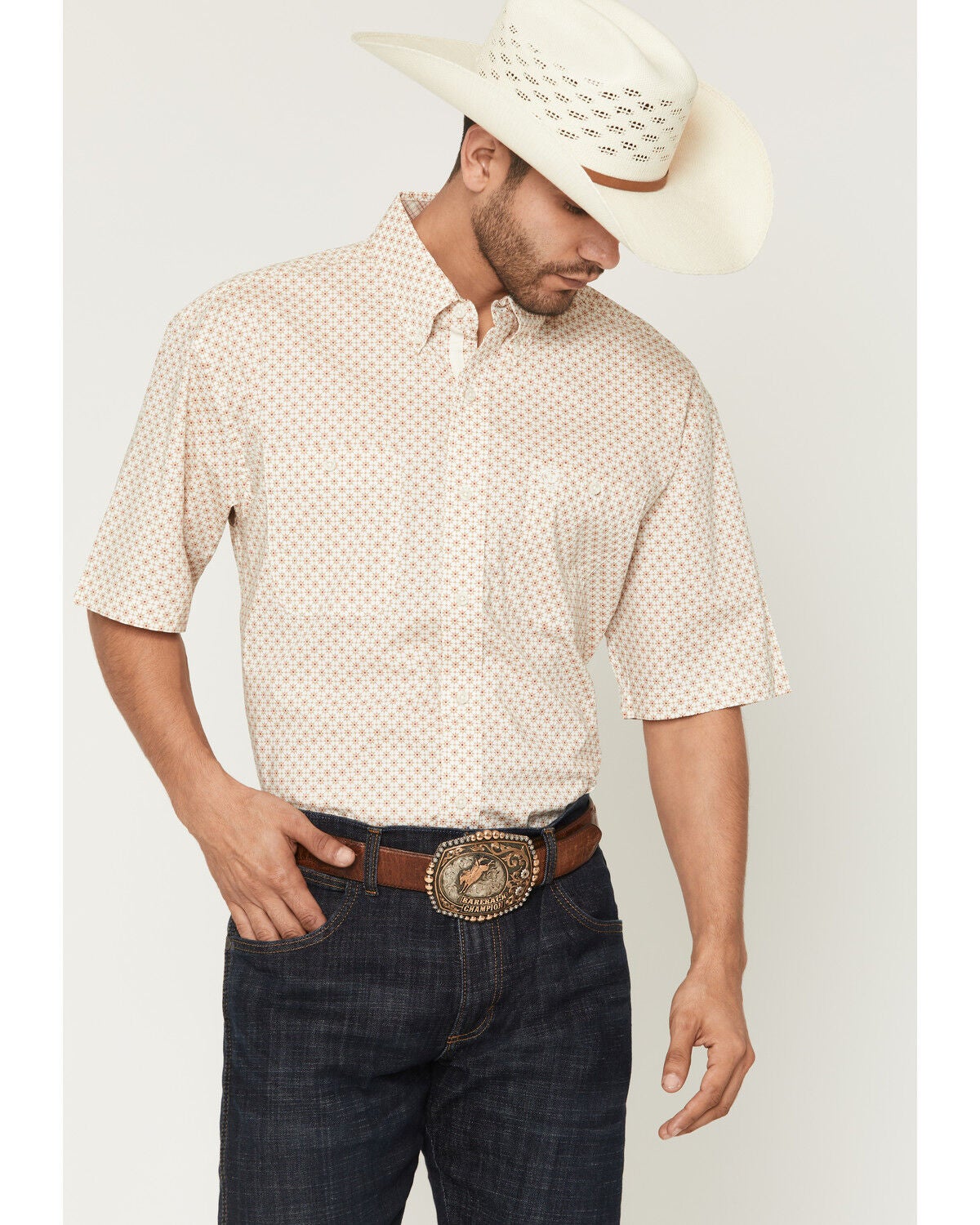 George Strait by Wrangler Men's Geo Print Short Sleeve Button-Down Stretch Western Shirt, Tan, hi-res