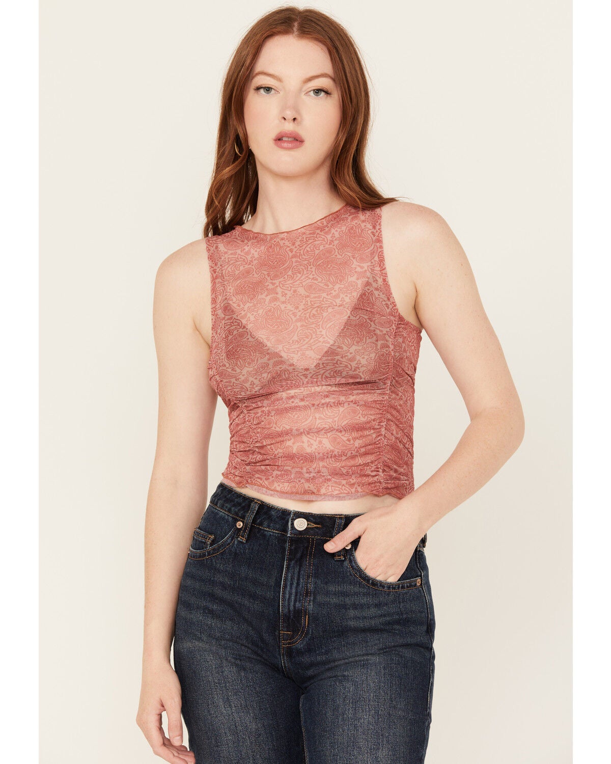 Image #1 - Rock & Roll Denim Women's Paisley Print Mesh Tank, Pink, hi-res
