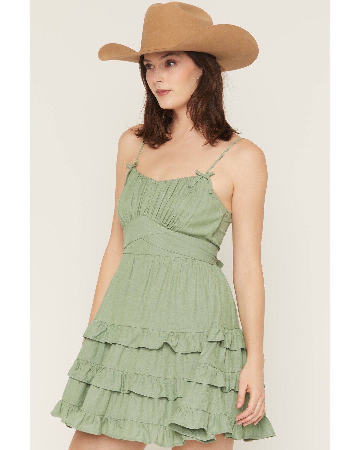Image #2 - Ash & Violet Women's Sleeveless Tiered Ruffle Mini Dress, Sage, hi-res