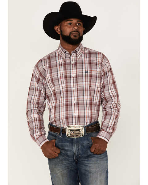 Image #1 - Cinch Men's Stretch Red & White Plaid Long Sleeve Button Down Western Shirt , White, hi-res