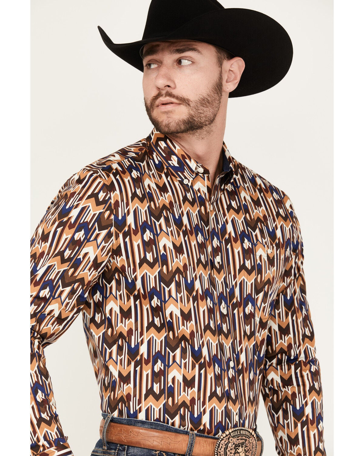 Image #2 - RANK 45&reg; Men's Lockwood Geo Striped Print Long Sleeve Button-Down Stretch Western Shirt, Lt Brown, hi-res