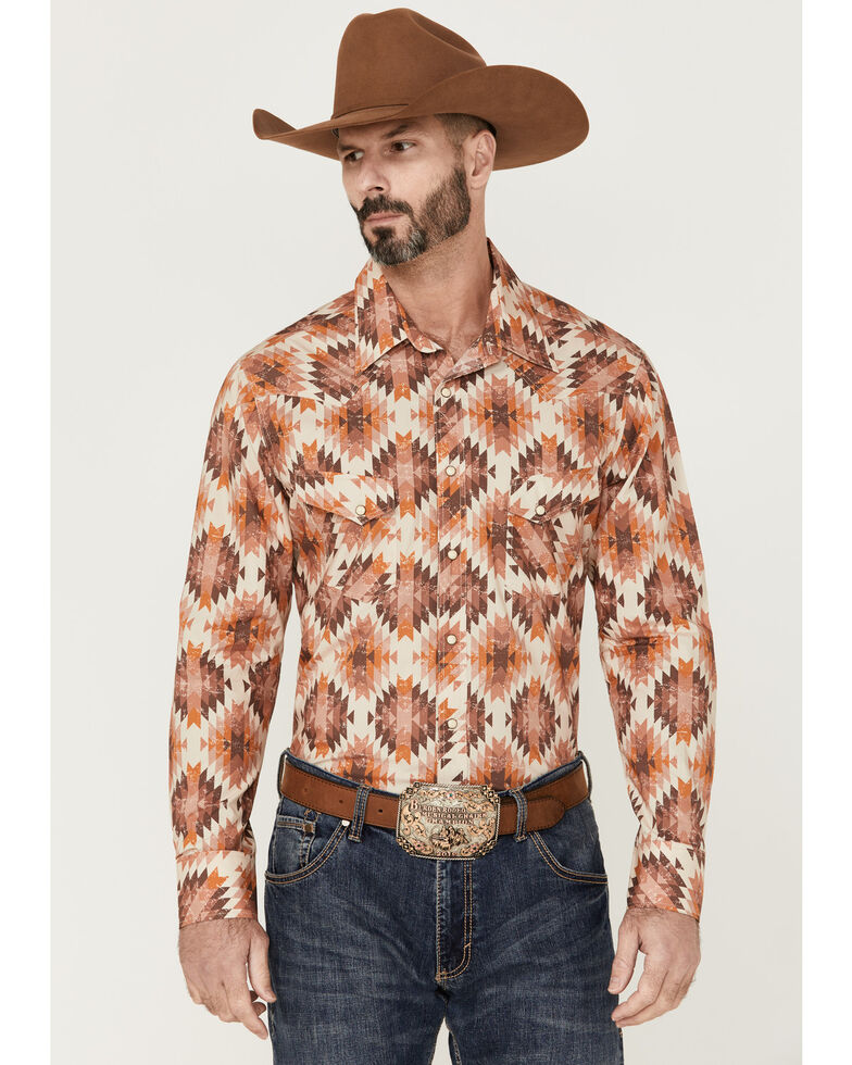 Rock & Roll Denim Men's Orange Southwestern Print Long Sleeve Snap Western Shirt, Orange, hi-res