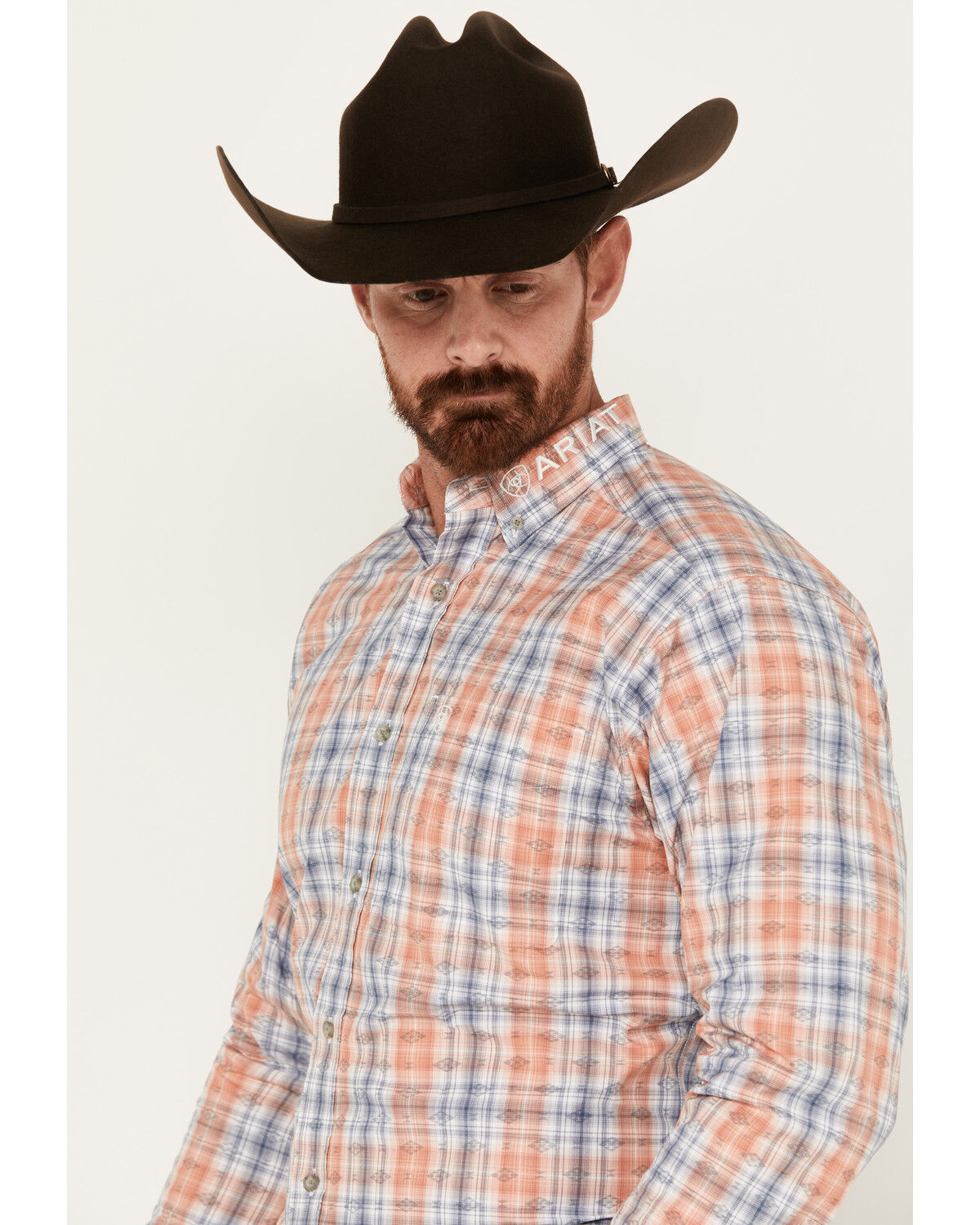 Image #2 - Ariat Men's Team Damion Southwestern Plaid Print Long Sleeve Button-Down Western Shirt, Peach, hi-res