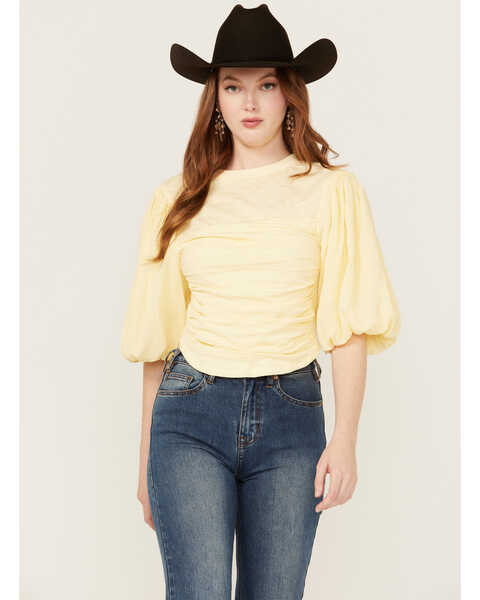Image #1 - Beyond The Radar Women's Puff Sleeve Ruched Shirt , Yellow, hi-res
