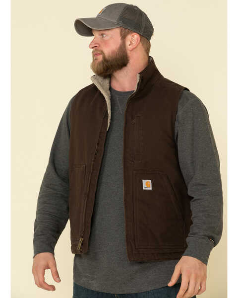 Image #1 - Carhartt Men's Dark Brown Washed Duck Sherpa Lined Mock Neck Work Vest - Big , Dark Brown, hi-res