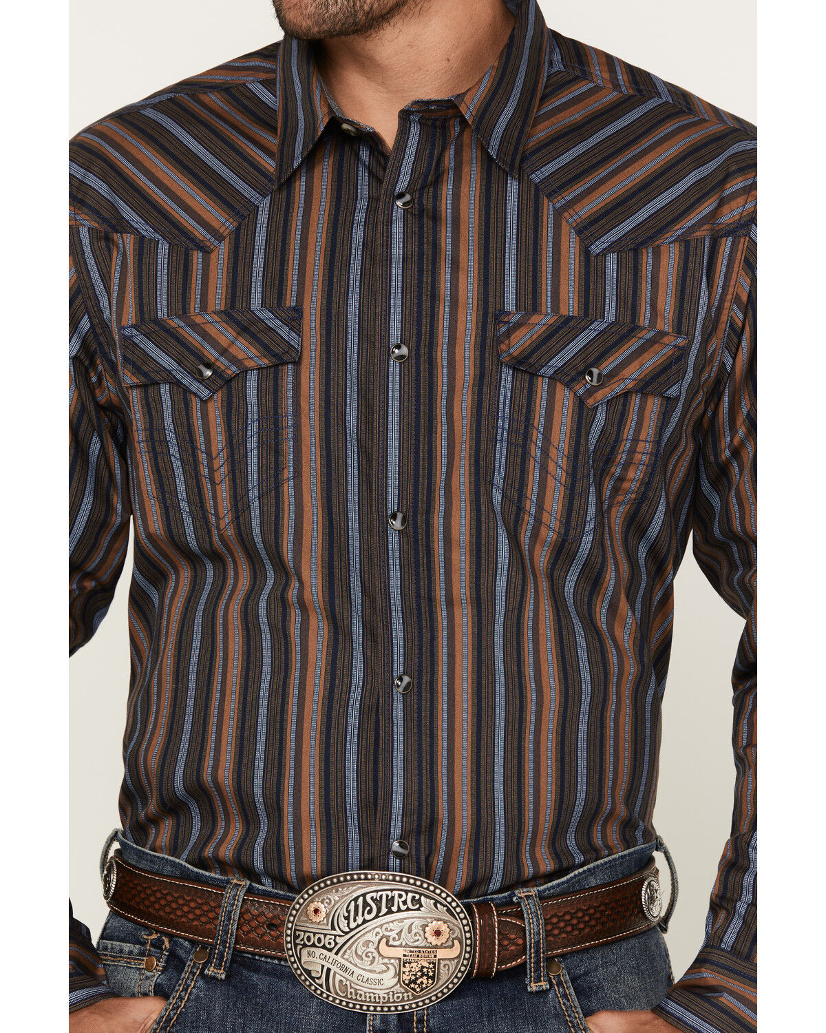 Image #3 - Cody James Men's Finals Day Striped Long Sleeve Western Snap Shirt, Navy, hi-res