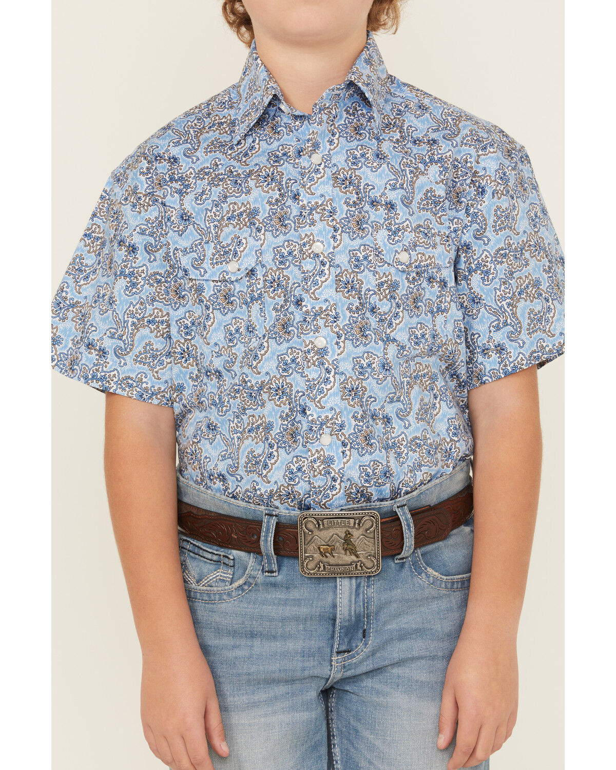 Image #2 - Rock & Roll Boys' Paisley Print Short Sleeve Pearl Snap Stretch Western Shirt, Blue, hi-res