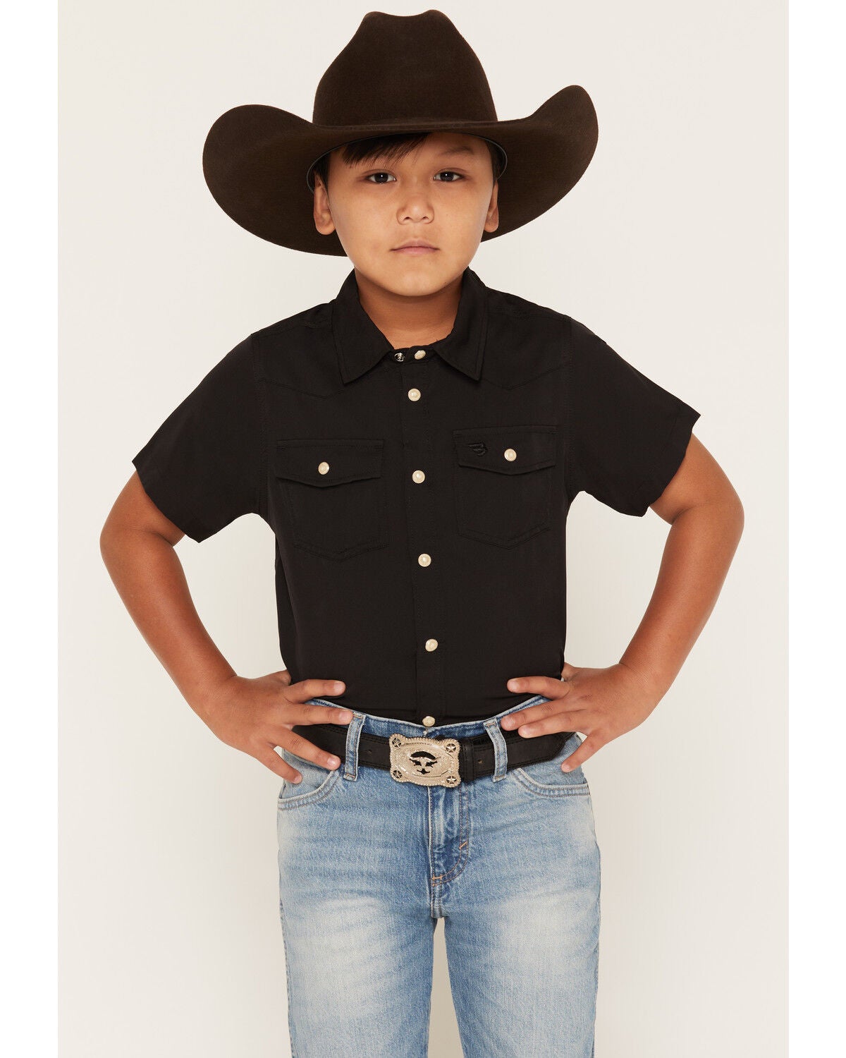 Burlebo Boys' Solid Short Sleeve Button-Down Stretch Performance Western Shirt, Black, hi-res