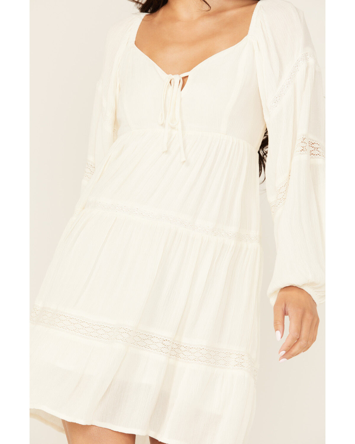 Image #3 - Jolt Women's Lace Trim Long Sleeve Tiered Mini Dress, Ivory, hi-res