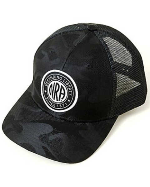 NRA Men's Black Camo Circle Logo Patch Mesh-Back Trucker Cap , Black, hi-res