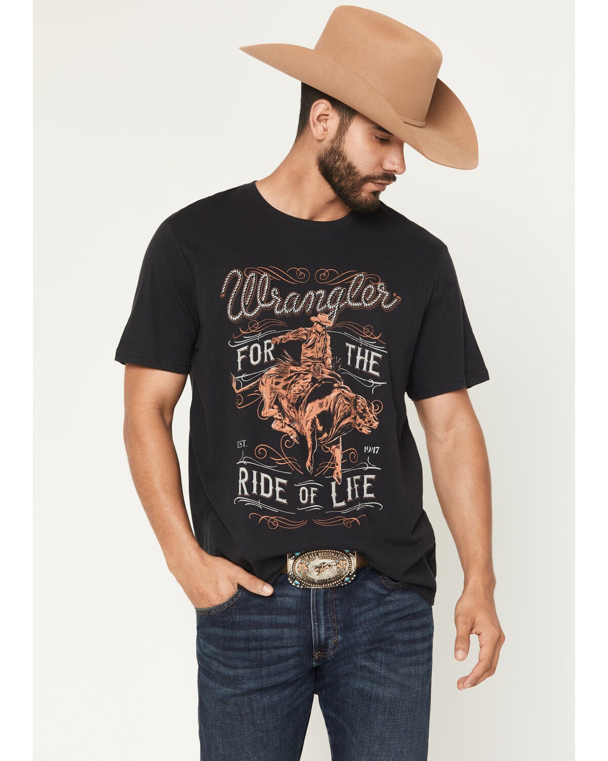 Wrangler Men's For The Ride Of Life Short Sleeve Graphic T-Shirt, Black, hi-res
