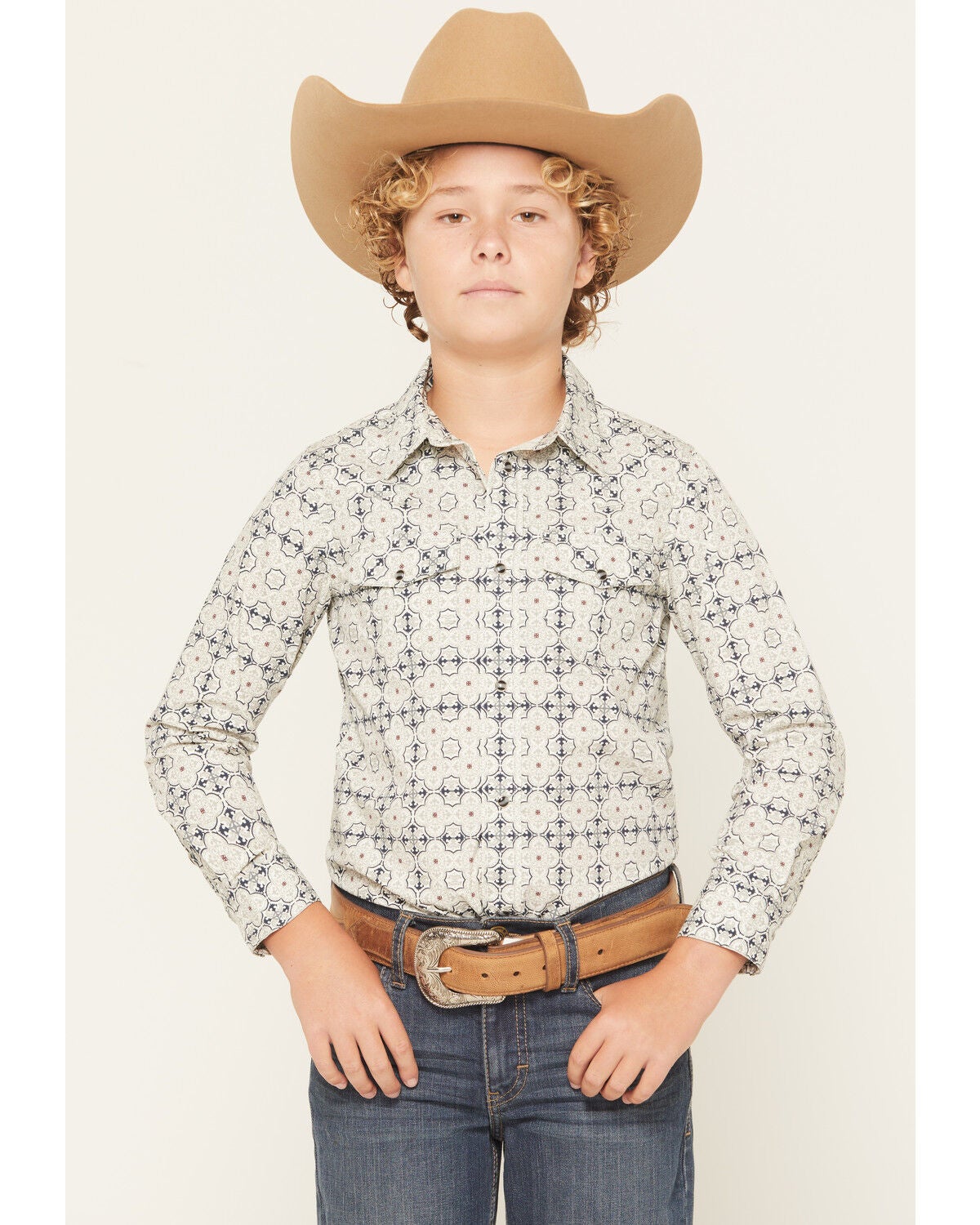 Gibson Trading Co Boys' Initiate Medallion Print Long Sleeve Snap Western Shirt, White, hi-res