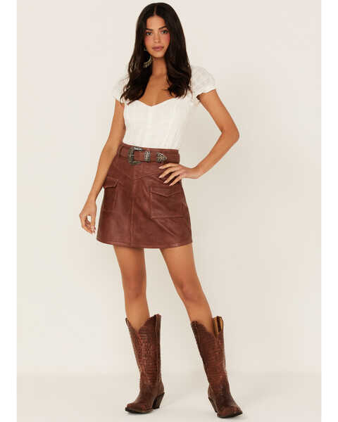 Image #1 - Idyllwind Women's Western Belt Leather Mini Skirt, Brandy Brown, hi-res