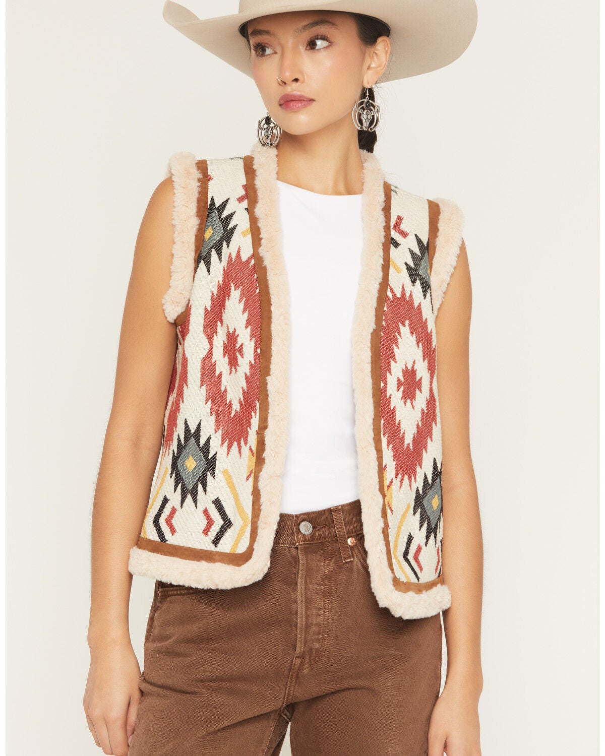 Scully Women's Southwestern Print Sherpa Trim Suede Vest, Sand, hi-res