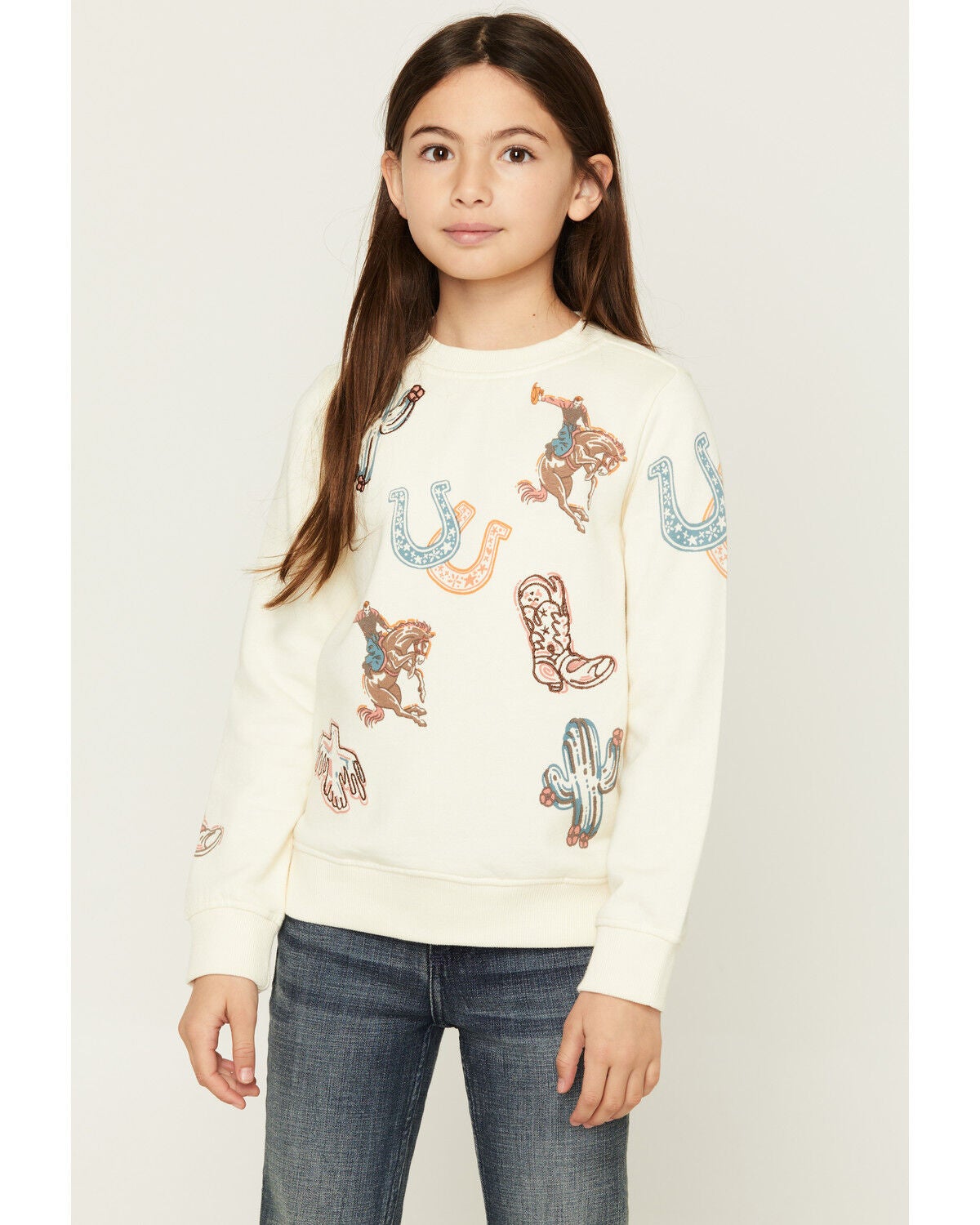 Shyanne Girls' Western Novelty Printed Sweatshirt, Cream, hi-res