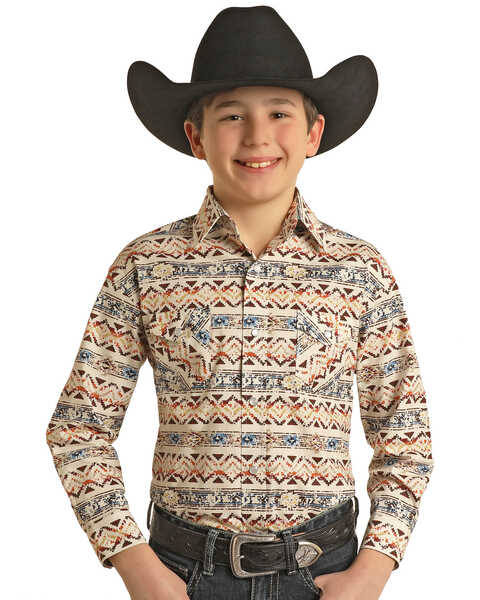 Image #1 - Panhandle Boys' Southwestern Striped Print Long Sleeve Pearl Snap Western Shirt, Natural, hi-res
