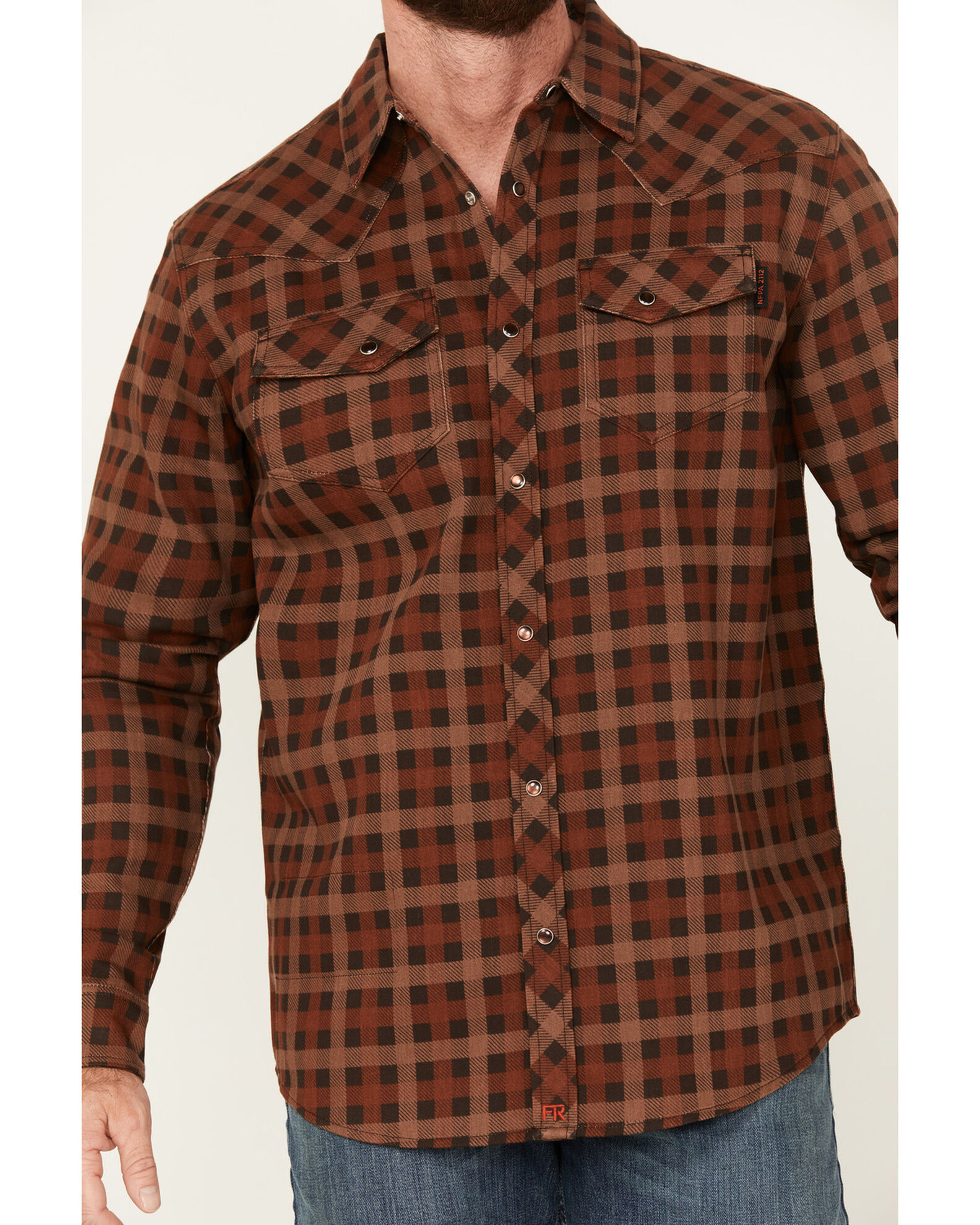 Image #3 - Cody James Men's FR Plaid Print Long Sleeve Snap Western Work Shirt, Cognac, hi-res