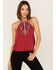 Rock & Roll Denim Women's Southwestern Paisley Embroidered Halter Tank Top, Red, hi-res