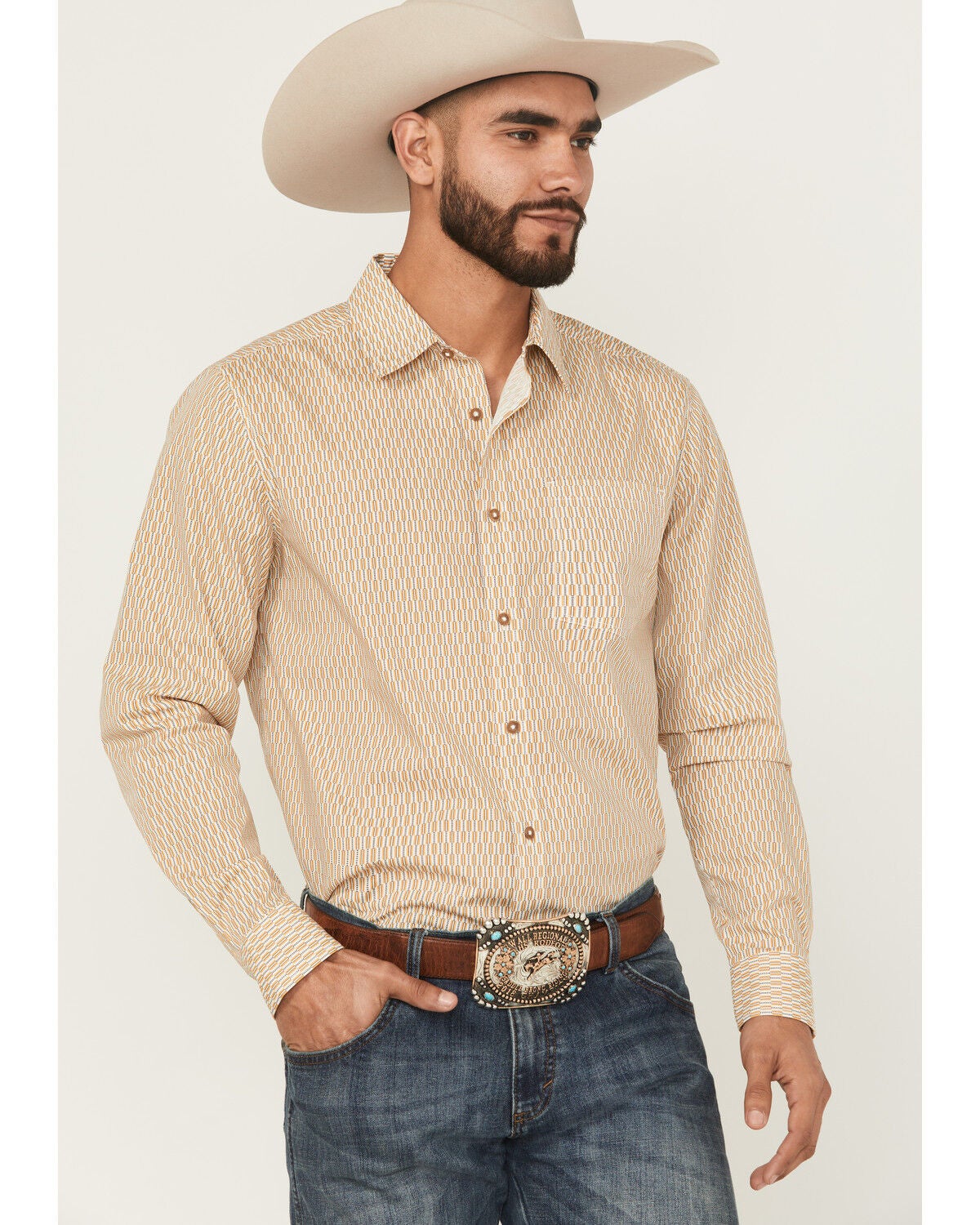 Gibson Trading Co Men's Lampshade Geo Print Long Sleeve Button-Down Stretch Western Shirt - Tall, Gold, hi-res