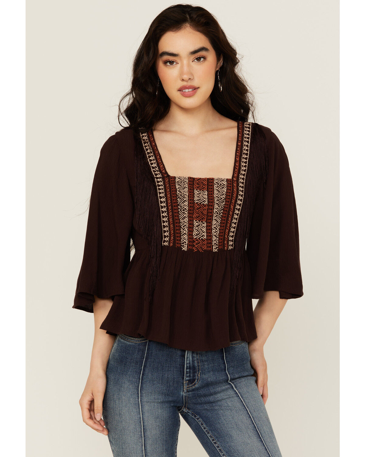 Image #1 - Shyanne Women's Embroidered Fringe Short Sleeve Shirt, Chocolate, hi-res
