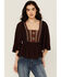 Image #1 - Shyanne Women's Embroidered Fringe Short Sleeve Shirt, Chocolate, hi-res
