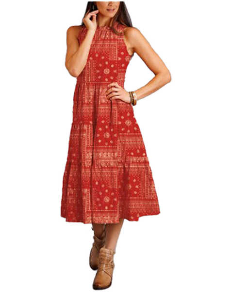 Stetson Women's Bandana Print Sleeveless Midi Dress, Red, hi-res