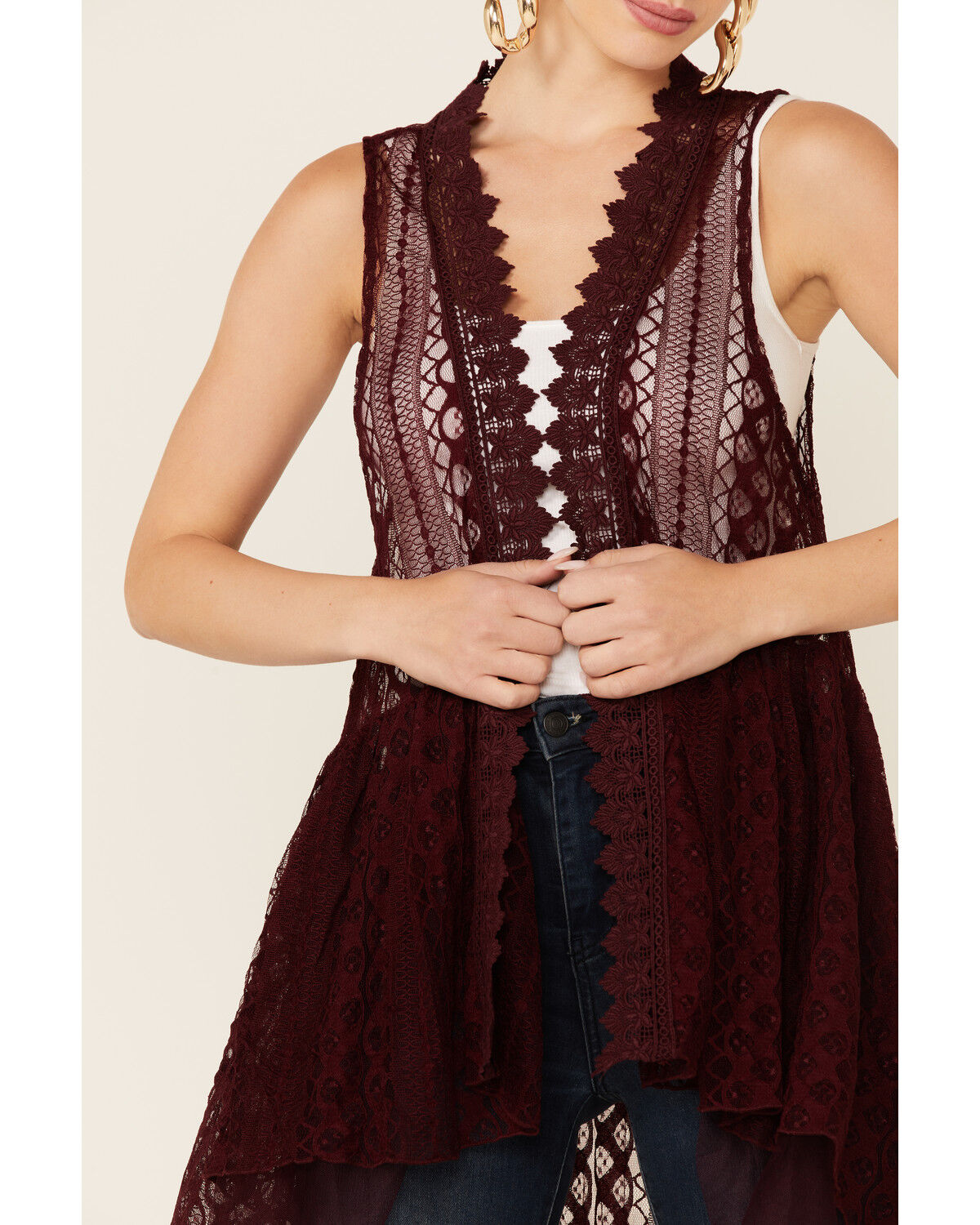 Image #2 - Origami Apparel Women's Wine High-Low Lace Tiered Kimono Vest, , hi-res