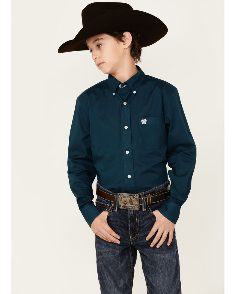 Cinch Boys' Solid Long Sleeve Button-Down Shirt, Teal, hi-res