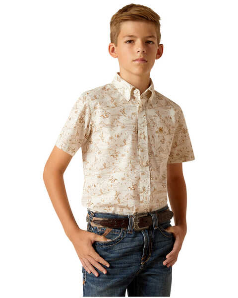 Image #1 - Ariat Boys' Classic Cowboy Short Sleeve Button-Down Western Shirt , Tan, hi-res