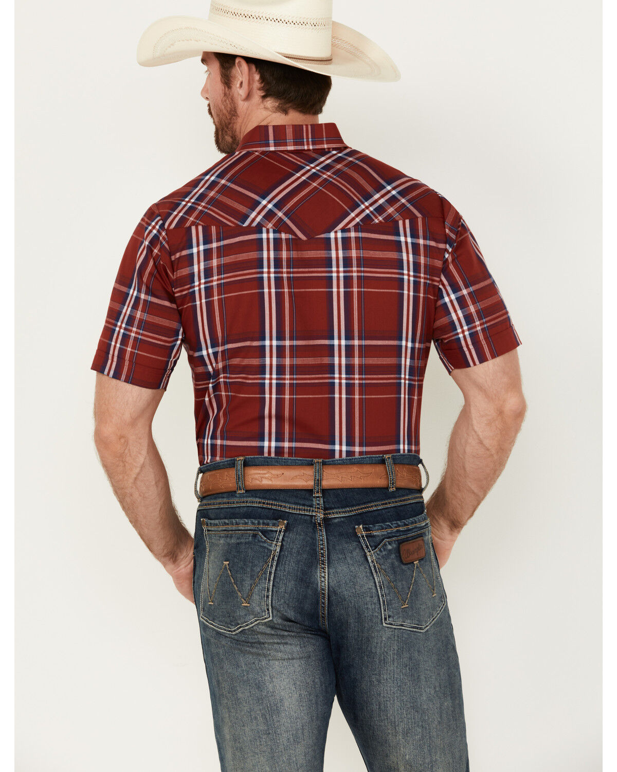 Image #4 - Ely Walker Men's Plaid Print Short Sleeve Pearl Snap Western Shirt, Red, hi-res