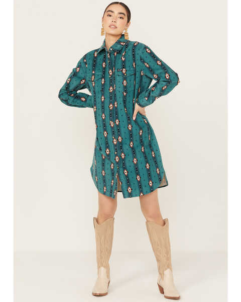 Image #1 - Wrangler Women's Southwestern Print Long Sleeve Mini Dress, Teal, hi-res